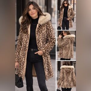 Leopard Print Rabbit & Leather Fur Coat with Hood
